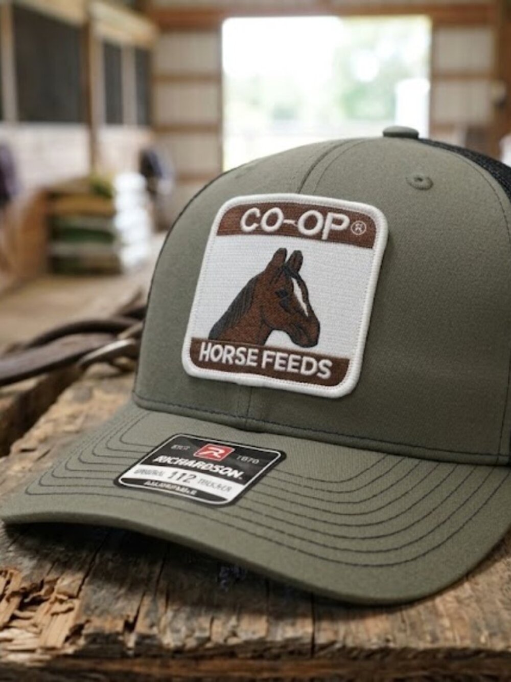 Vintage-Inspired Co-op Horse Feeds Hat Patch Sewn Richardson 112 Olive Caps OS